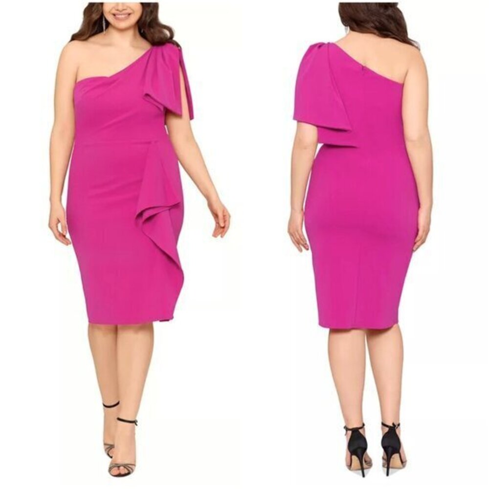 Betsy & Adam One-Shoulder Ruffle Sheath Dress Hot Pink Size 12